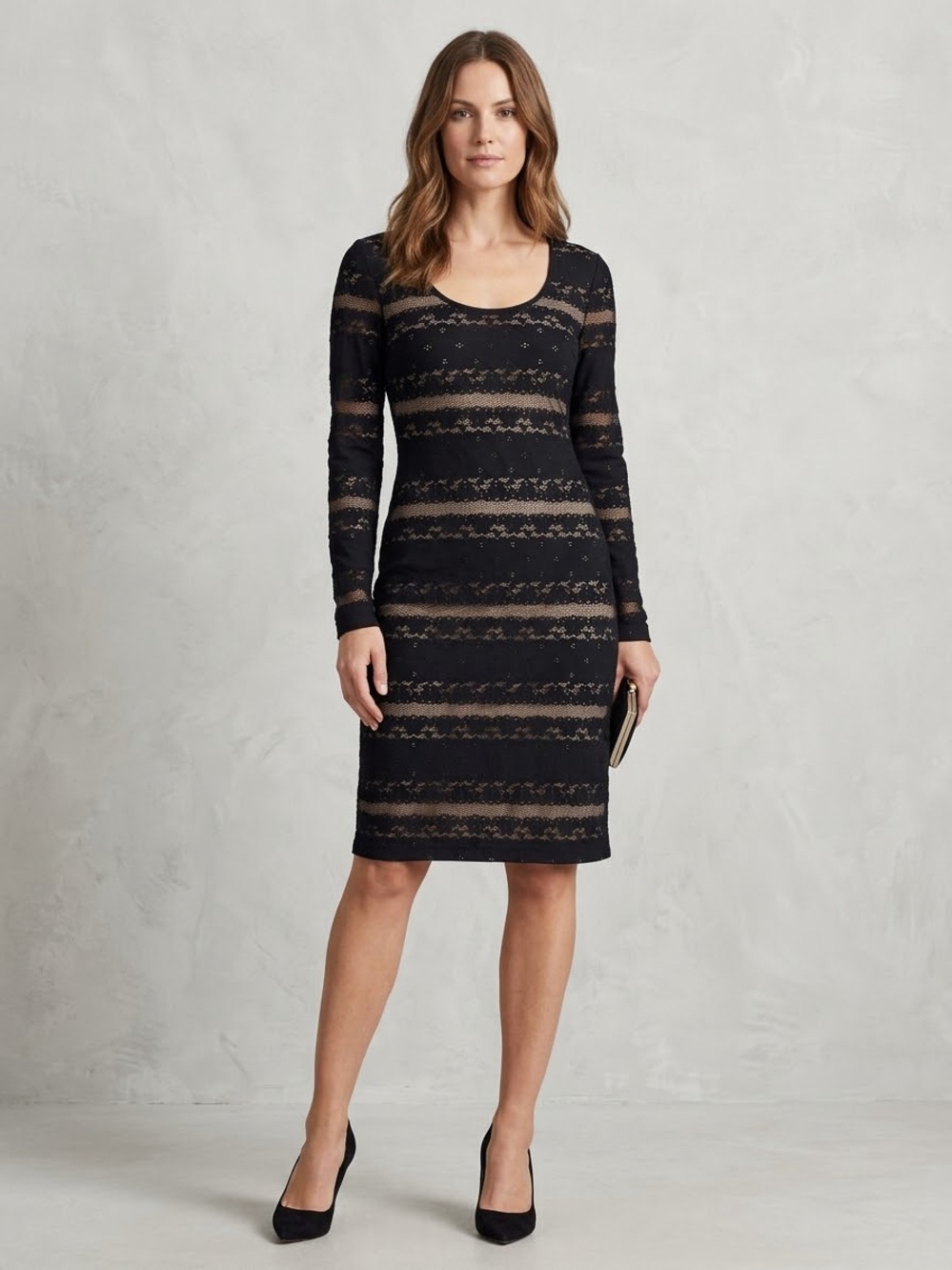 BCBG MaxAzria Black Lace & Nude Striped Long Sleeve Bodycon Dress - Sz Medium